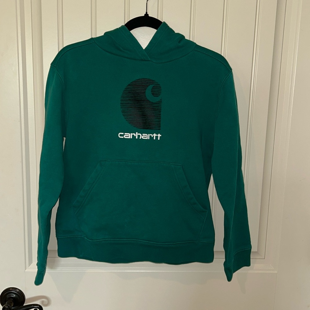 Carhartt Youth Large (14-16) Teal Green Hoodie Black Logo Kangaroo Pocket